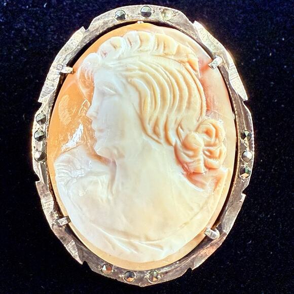 Vtg Cameo Carved Shell Pendant Brooch Lady Left Profile Italy 800 Silver Lg - Picture 1 of 9